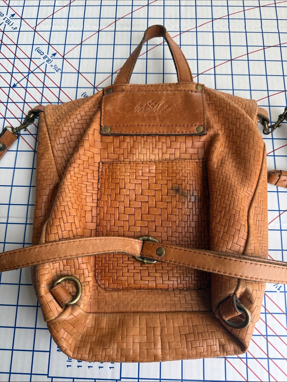 Patricia Nash Italian Leather Woven Cognac Shoulder Crossbody Bag Tassel